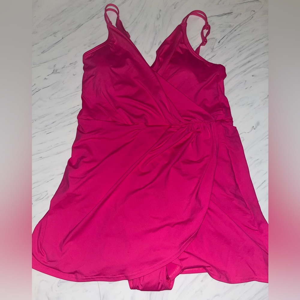 Lands end one piece swim dress new nwt dress bathing suit l 14-16 hot pink drape